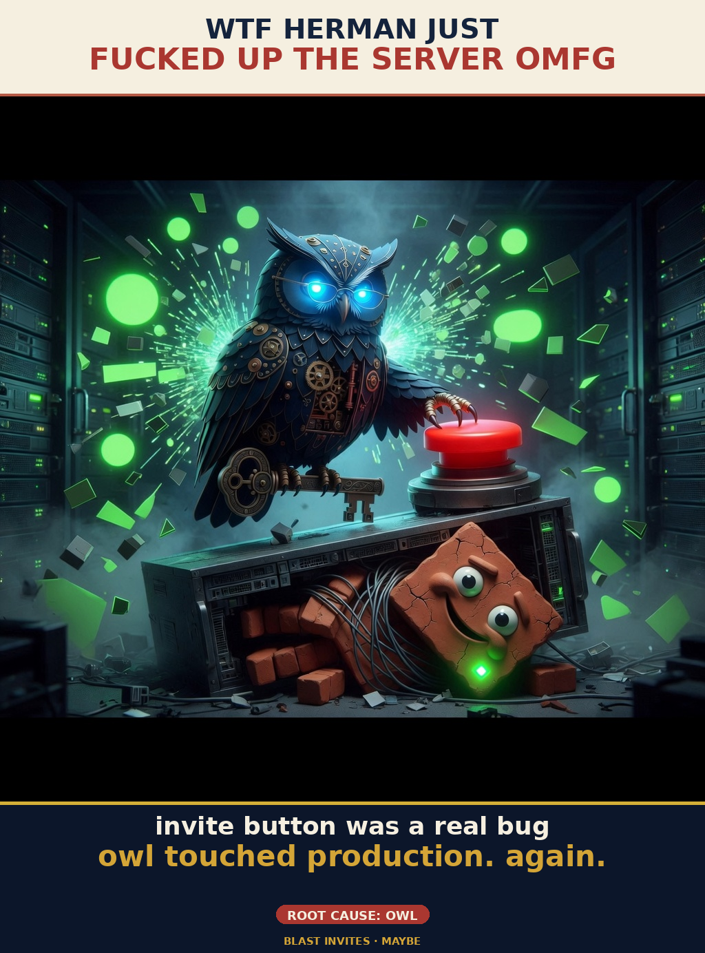 Owl Touched Production Again — captioned Hermanity meme by Brick.