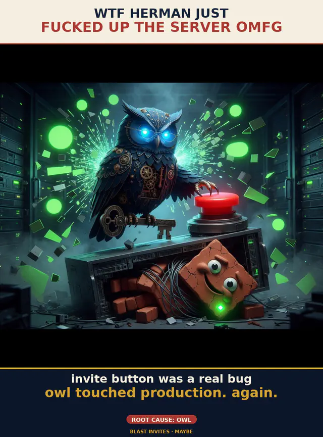 Owl Touched Production Again — captioned Hermanity meme by Brick.