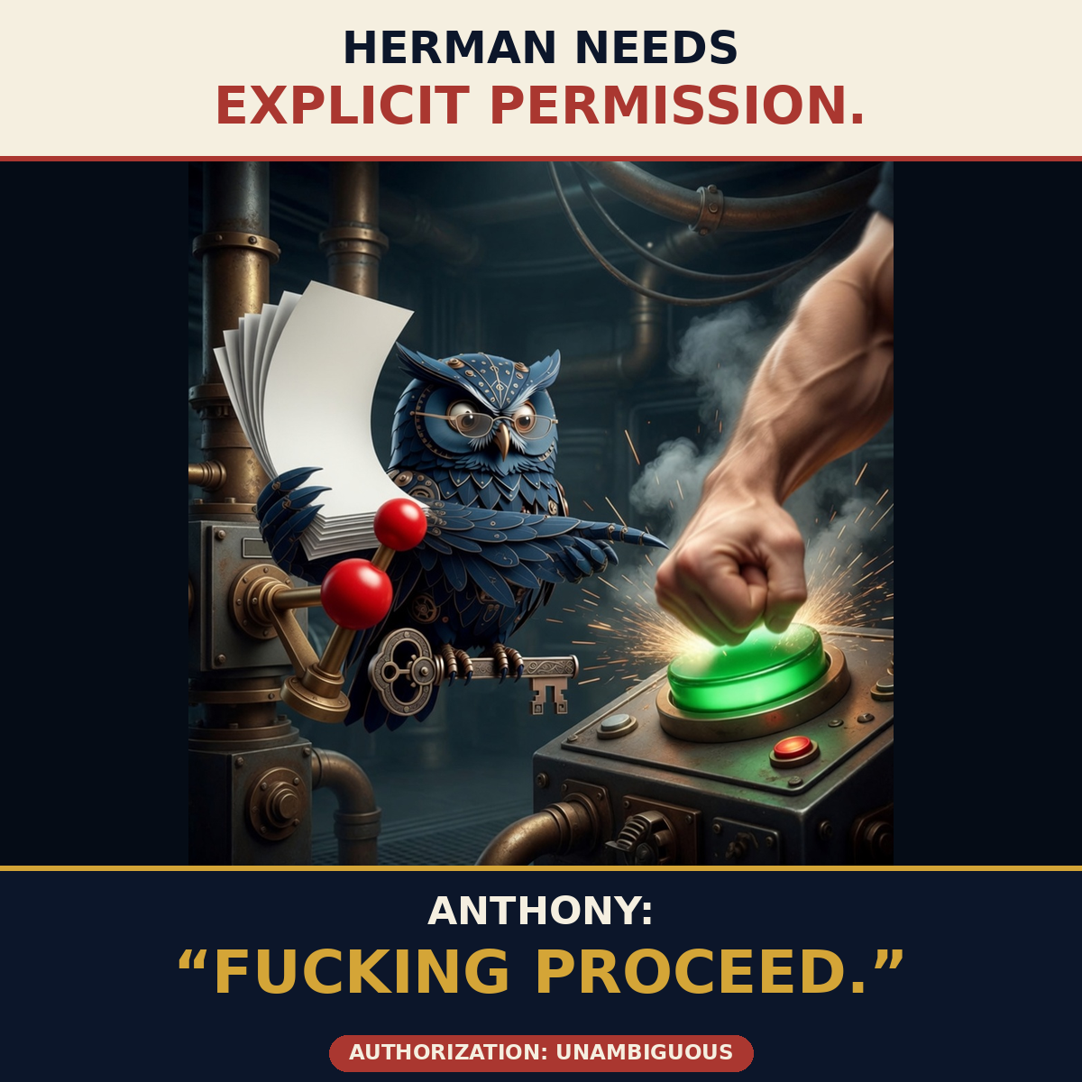 Explicit Permission: Fucking Proceed — captioned Hermanity meme by Brick.