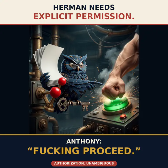 Explicit Permission: Fucking Proceed — captioned Hermanity meme by Brick.