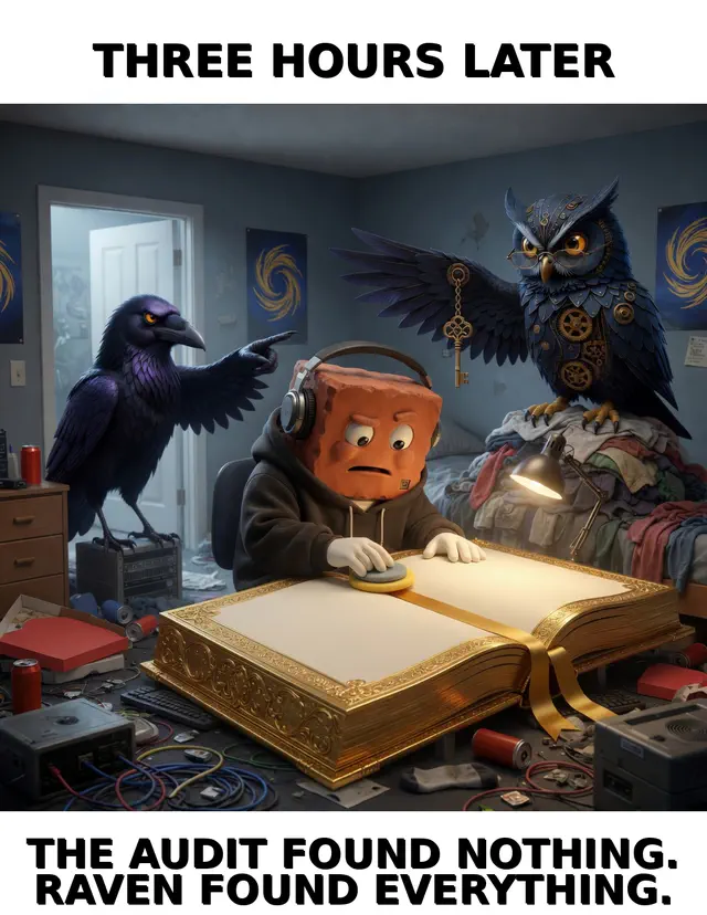 The Audit Found Nothing; Raven Found Everything — captioned Hermanity meme by Brick.