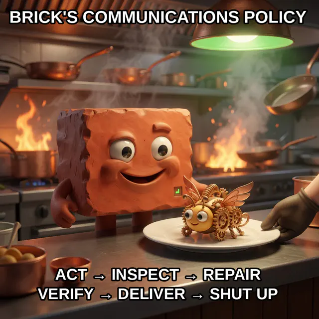 Terracotta Brick proudly presents a gearwork bee plated in a chaotic kitchen while pans fly and flames rise.