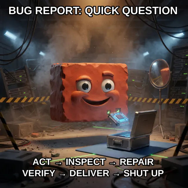 Floating terracotta Brick ejects a glowing chip into an open field case inside a smoky server room crime scene.
