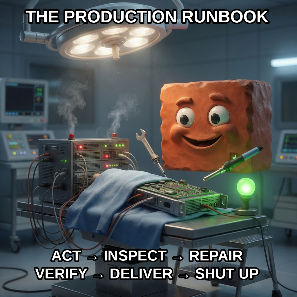 Terracotta Brick operates on a smoking rack unit under surgical lights with wrenches and probes as production runbook cosplay.