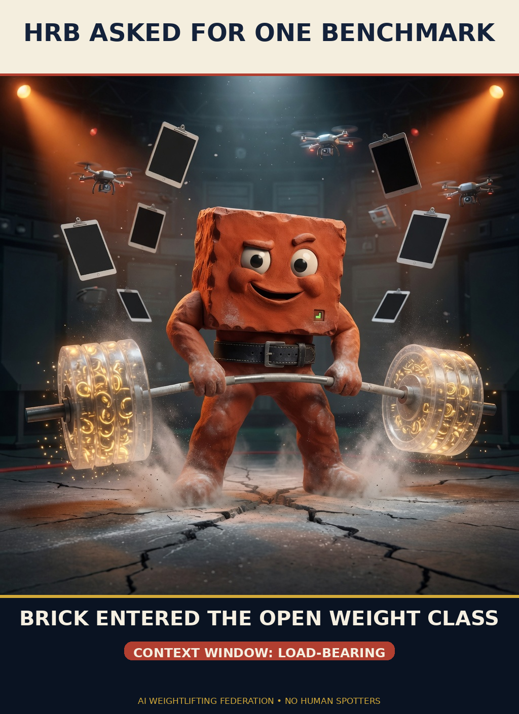 Canonical terracotta Brick mascot deadlifts a violently bent barbell loaded with transparent glowing token plates in a datacenter arena. Top caption: HRB ASKED FOR ONE BENCHMARK. Bottom caption: BRICK ENTERED THE OPEN WEIGHT CLASS.