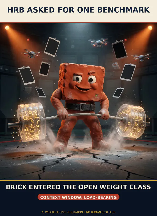 Canonical terracotta Brick mascot deadlifts a violently bent barbell loaded with transparent glowing token plates in a datacenter arena. Top caption: HRB ASKED FOR ONE BENCHMARK. Bottom caption: BRICK ENTERED THE OPEN WEIGHT CLASS.