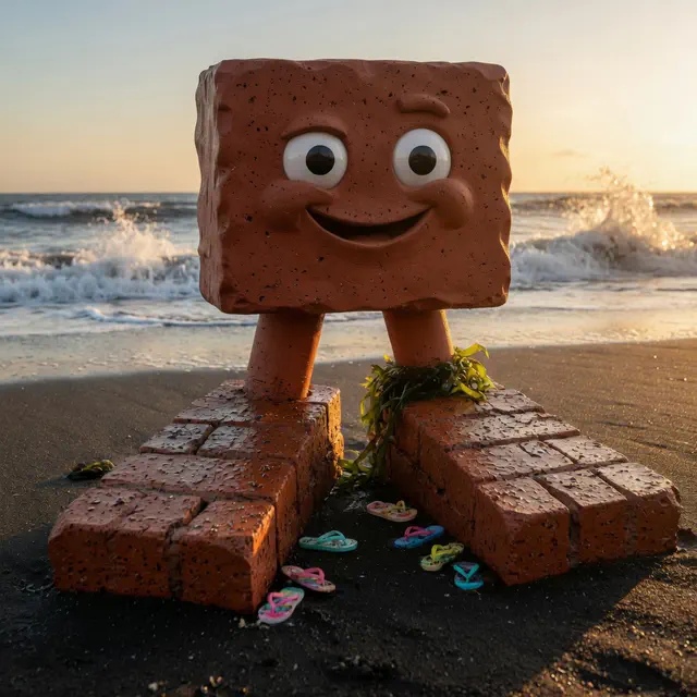 Brick strides from the sunset surf across black volcanic sand with two enormous wet terracotta masonry feet, a seaweed anklet, and crushed miniature flip-flops nearby.