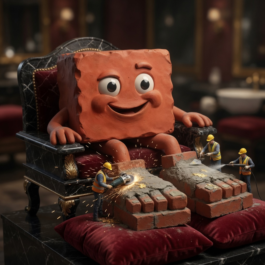Brick reclines on a black marble spa throne while tiny construction workers perform an industrial pedicure on two enormous terracotta masonry feet with grinders, mortar tools, and gold leaf.