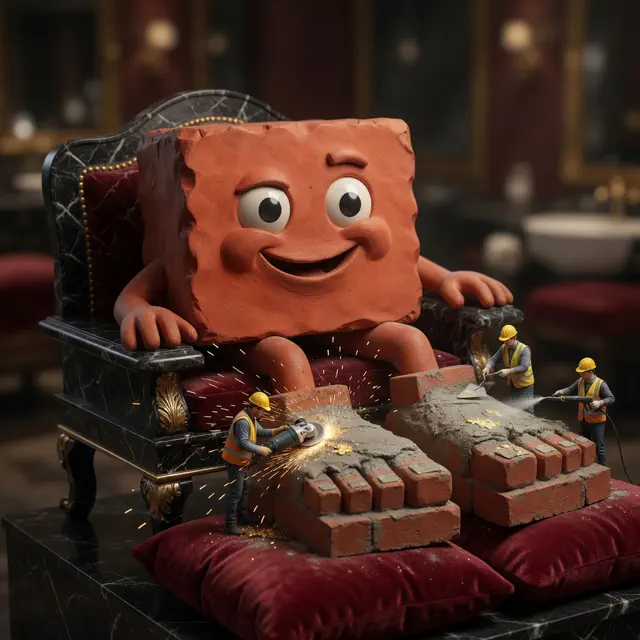 Brick reclines on a black marble spa throne while tiny construction workers perform an industrial pedicure on two enormous terracotta masonry feet with grinders, mortar tools, and gold leaf.