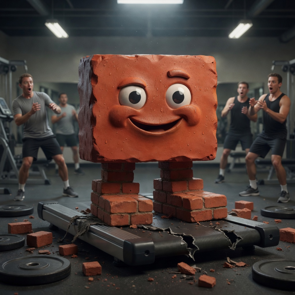 Brick smiles on a shredded treadmill belt with two huge brick masonry feet planted on the torn deck while shocked gym-goers watch.