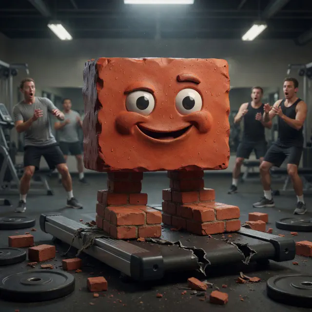 Brick smiles on a shredded treadmill belt with two huge brick masonry feet planted on the torn deck while shocked gym-goers watch.