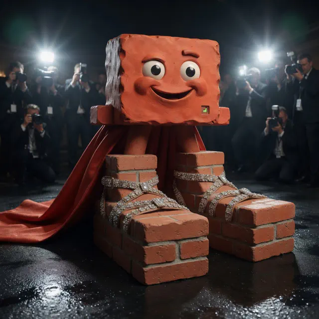 Brick the terracotta brick mascot stands on a wet red carpet under paparazzi flashes wearing a red cape and enormous brick-course feet wrapped in diamond straps.