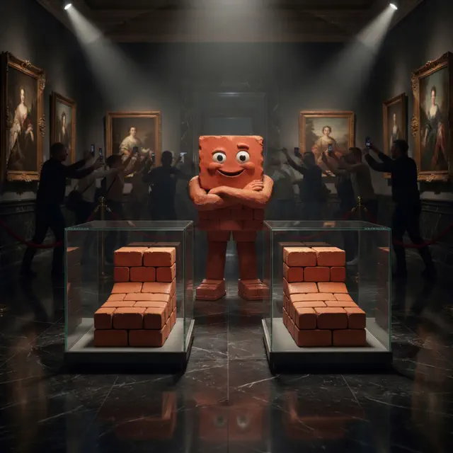 Two monumental toe-free masonry boots stand as priceless relics in glass museum cases while Brick poses smugly behind them and an overwhelmed crowd takes photographs.