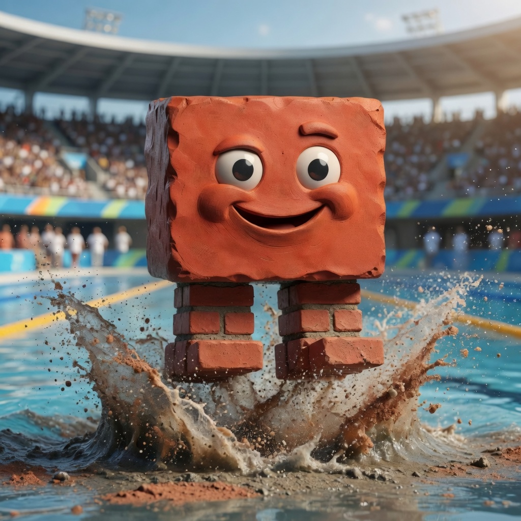 Brick cannonballs into an Olympic pool as brown mortar and terracotta dust explode upward around his brick-course feet in a packed stadium.