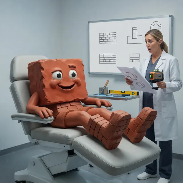 Brick reclines in a clinic chair with masonry brick feet elevated while a shocked doctor holds blueprints and a laser level beside a whiteboard of brick diagrams.