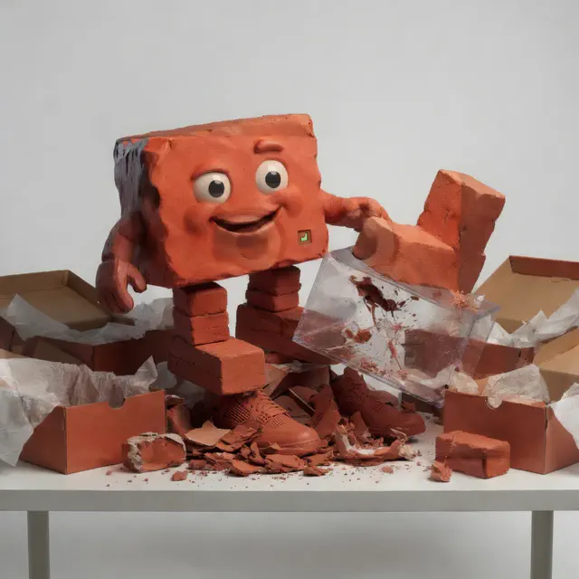 Brick smashes a clear sneaker display case on a white table surrounded by open shoe boxes, tissue paper, crushed terracotta sneakers, and blocky masonry legs.