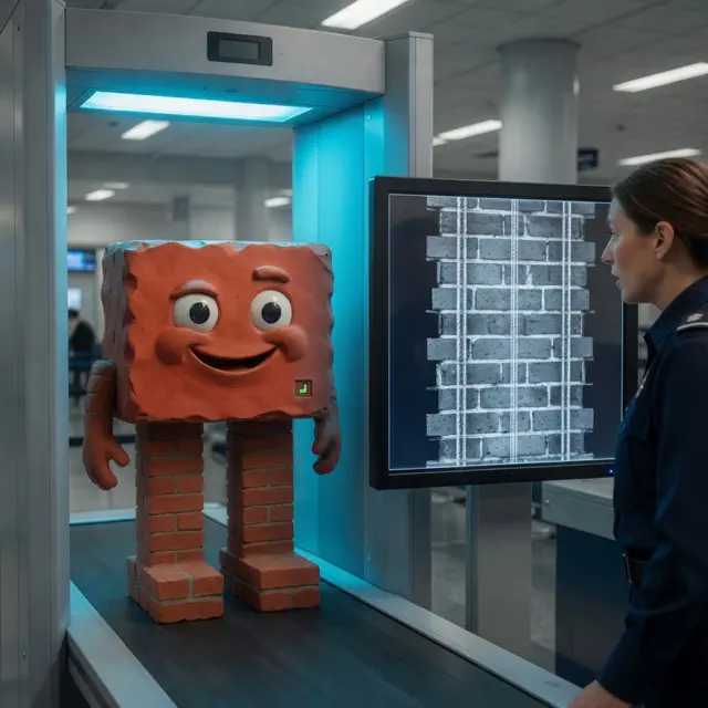 Brick stands in an airport body scanner while a TSA agent stares at a monitor showing a brick-wall radiographic pattern instead of bones.