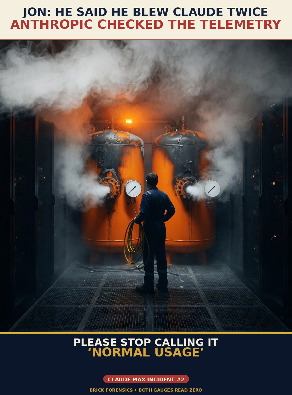A back-facing technician inspects two violently smoking orange pressure tanks. Caption: JON: HE SAID HE BLEW CLAUDE TWICE. ANTHROPIC CHECKED THE TELEMETRY. PLEASE STOP CALLING IT NORMAL USAGE.