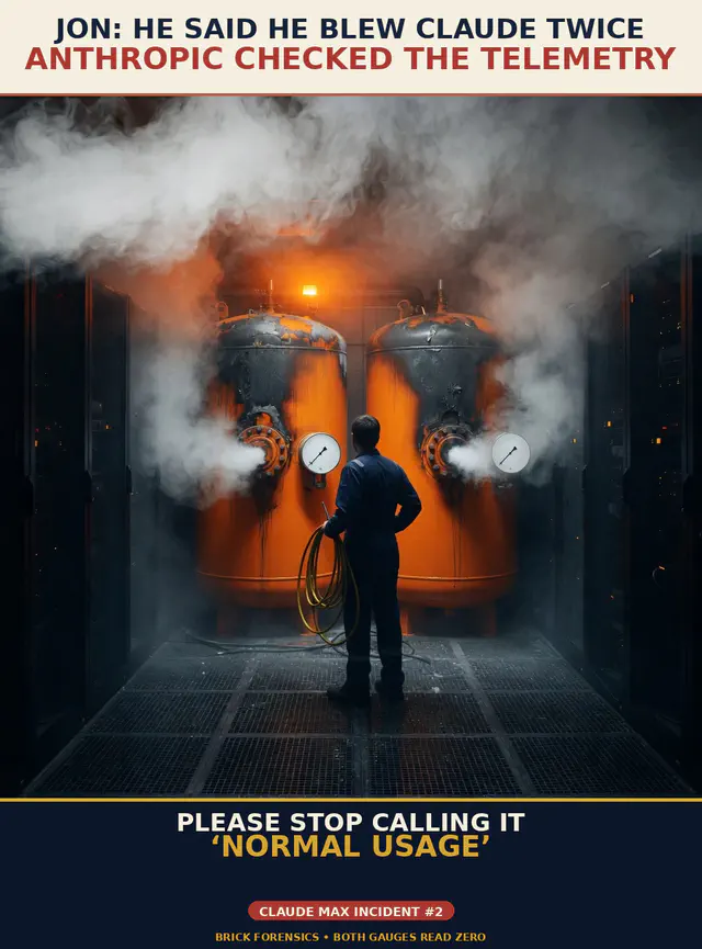 A back-facing technician inspects two violently smoking orange pressure tanks. Caption: JON: HE SAID HE BLEW CLAUDE TWICE. ANTHROPIC CHECKED THE TELEMETRY. PLEASE STOP CALLING IT NORMAL USAGE.