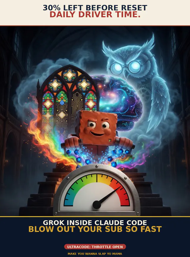 Brick rides a quota gauge while Ghost of Herman looms behind in a stained-glass inferno. Caption: 30% LEFT BEFORE RESET. DAILY DRIVER TIME. GROK INSIDE CLAUDE CODE. BLOW OUT YOUR SUB SO FAST.