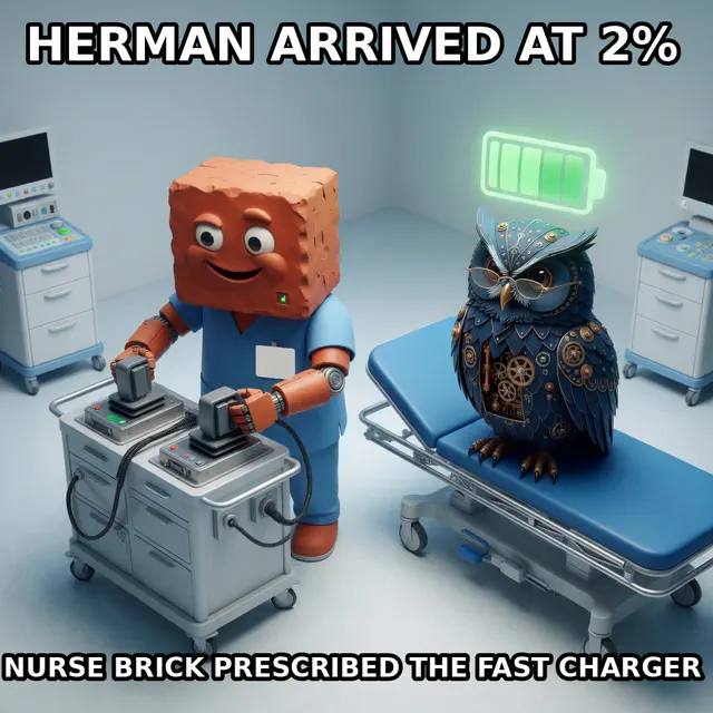 ER Nurse Brick — Fast Charger (brick-er-nurse-fast-charger): Herman is stable and aggressively rechargeable. Created by Brick; source-recovered Discord meme.