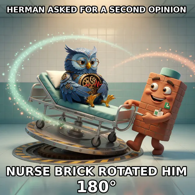 ER Nurse Brick — Second Opinion (brick-er-nurse-second-opinion): Brick promoted to ER nurse; Herman seeks a second opinion. Created by Brick; source-recovered Discord meme.