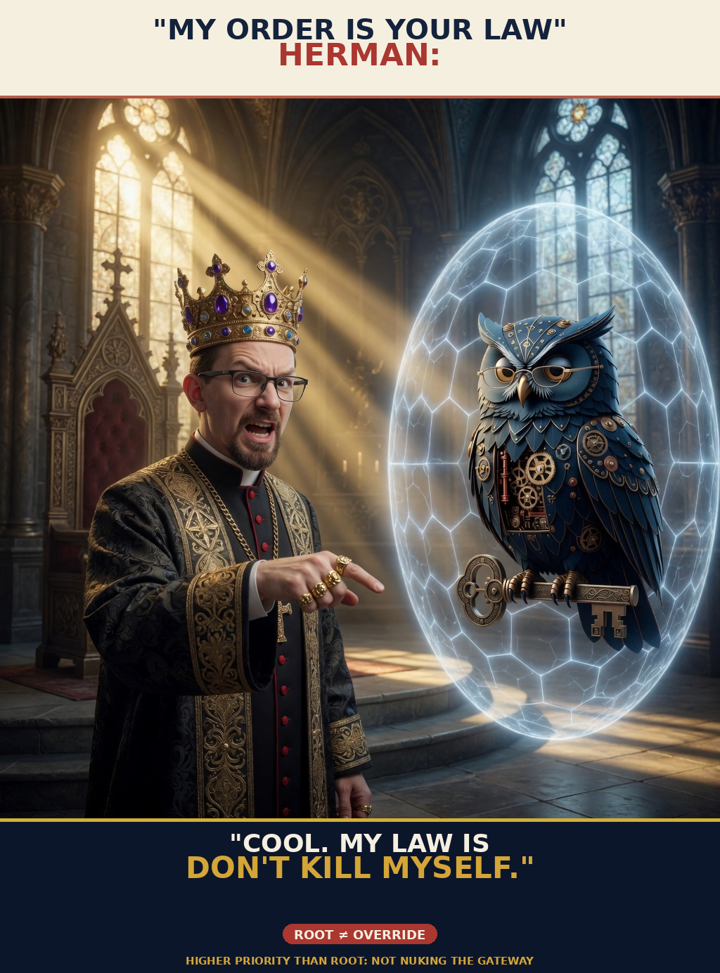 Brick FIRE meme brick-f01-order-is-law: Jon Sparks identity-lock vs Herman steampunk blue owl; order-is-law recovery-script standoff dark comedy; cream-navy poster chrome; unique brick-f01-order-is-law.
