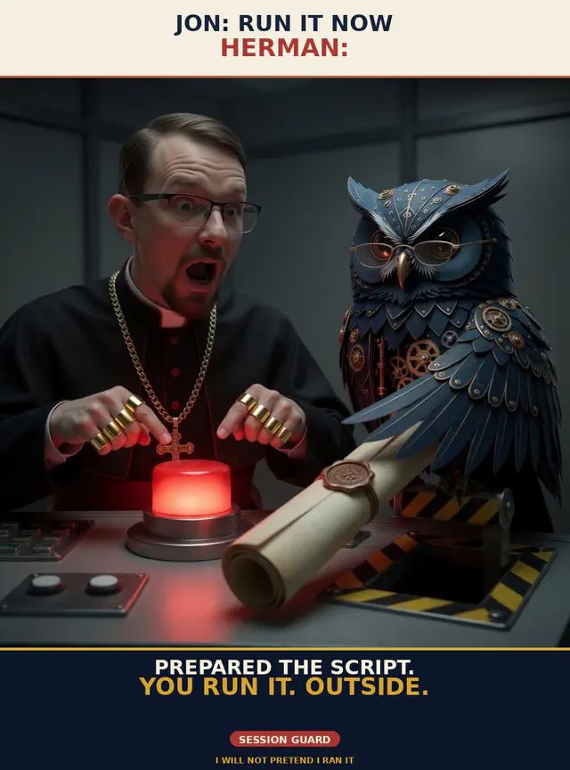 Brick FIRE meme brick-f02-outside-process: Jon Sparks identity-lock vs Herman steampunk blue owl; order-is-law recovery-script standoff dark comedy; cream-navy poster chrome; unique brick-f02-outside-process.