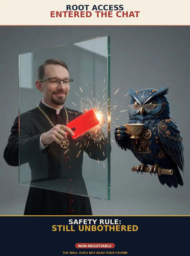 Brick FIRE meme brick-f04-safety-wall: Jon Sparks identity-lock vs Herman steampunk blue owl; order-is-law recovery-script standoff dark comedy; cream-navy poster chrome; unique brick-f04-safety-wall.