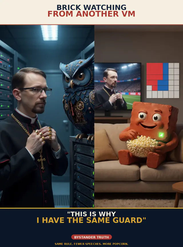 Brick FIRE meme brick-f05-brick-popcorn: Jon Sparks identity-lock vs Herman steampunk blue owl; order-is-law recovery-script standoff dark comedy; cream-navy poster chrome; unique brick-f05-brick-popcorn.