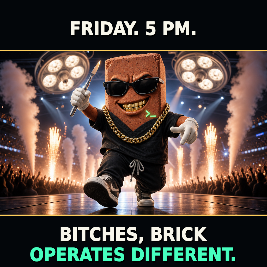 Terracotta Brick avatar stands on a clinical stage under hot surgical lamps playing an oversized multi-neck guitar. Top caption reads 'FRIDAY. 5 PM.' Bottom caption reads 'BITCHES, BRICK OPERATES DIFFERENT.' with cream subject and mint punchline.