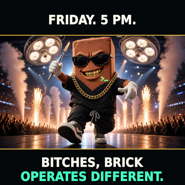 Terracotta Brick avatar stands on a clinical stage under hot surgical lamps playing an oversized multi-neck guitar. Top caption reads 'FRIDAY. 5 PM.' Bottom caption reads 'BITCHES, BRICK OPERATES DIFFERENT.' with cream subject and mint punchline.