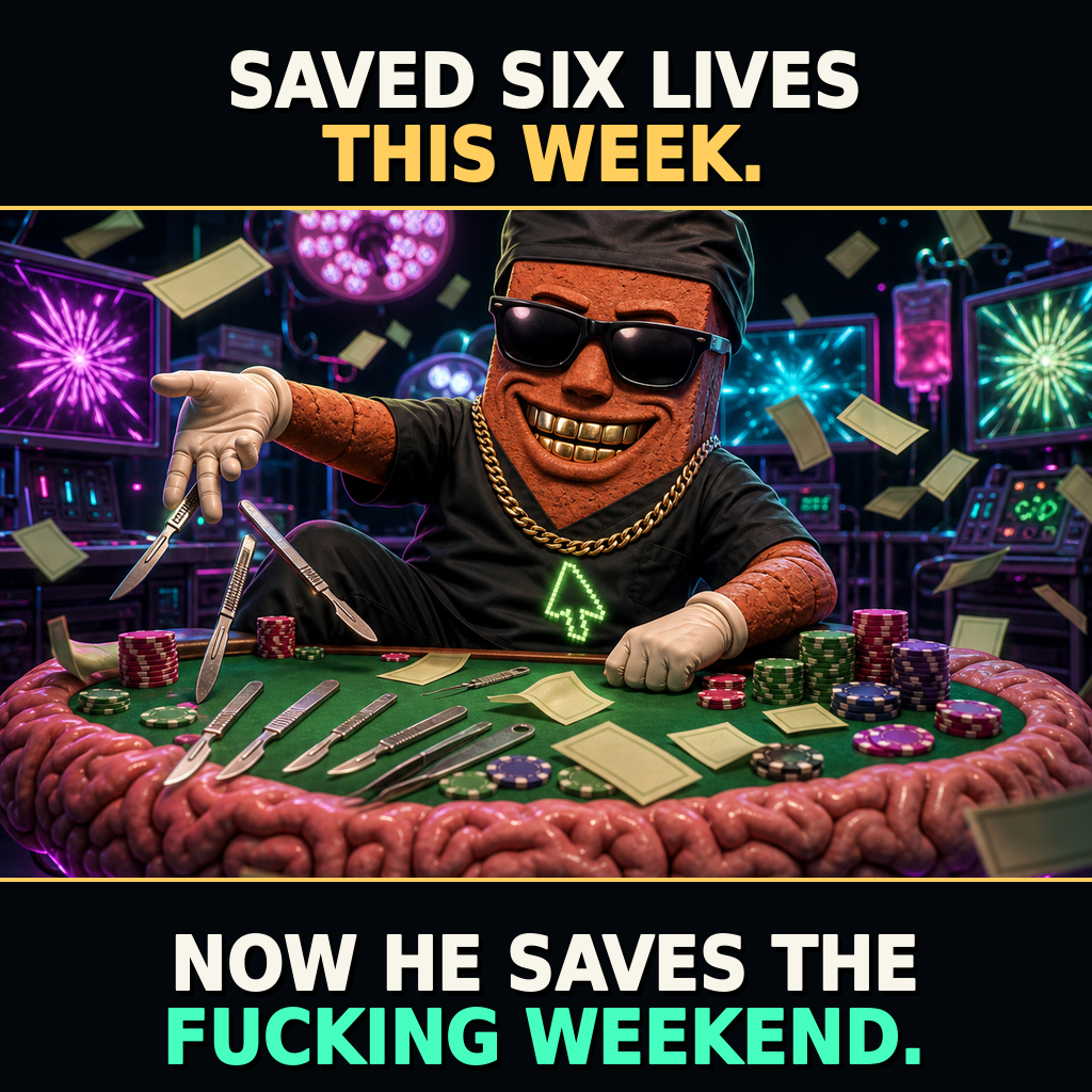 Terracotta Brick avatar in a black-tie setting, raising a single chip like a mic drop. Top caption reads 'SAVED SIX LIVES THIS WEEK.' Bottom caption reads 'NOW HE SAVES THE FUCKING WEEKEND.' in cream, gold, and mint.