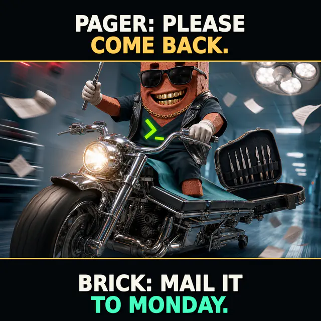 Terracotta Brick avatar leaning against a smoking pager with one boot on a clipboard. Top caption reads 'PAGER: PLEASE COME BACK.' Bottom caption reads 'BRICK: MAIL IT TO MONDAY.' in cream, gold, and mint.