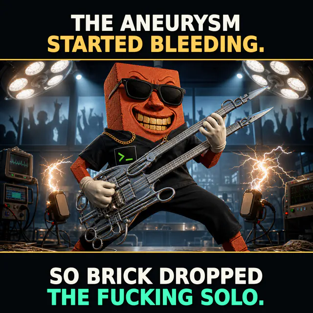 Terracotta Brick avatar mid-solo on a hospital gurney turned guitar riser under surgical lamps. Top caption reads 'THE ANEURYSM STARTED BLEEDING.' Bottom caption reads 'SO BRICK DROPPED THE FUCKING SOLO.' in cream, gold, and mint.