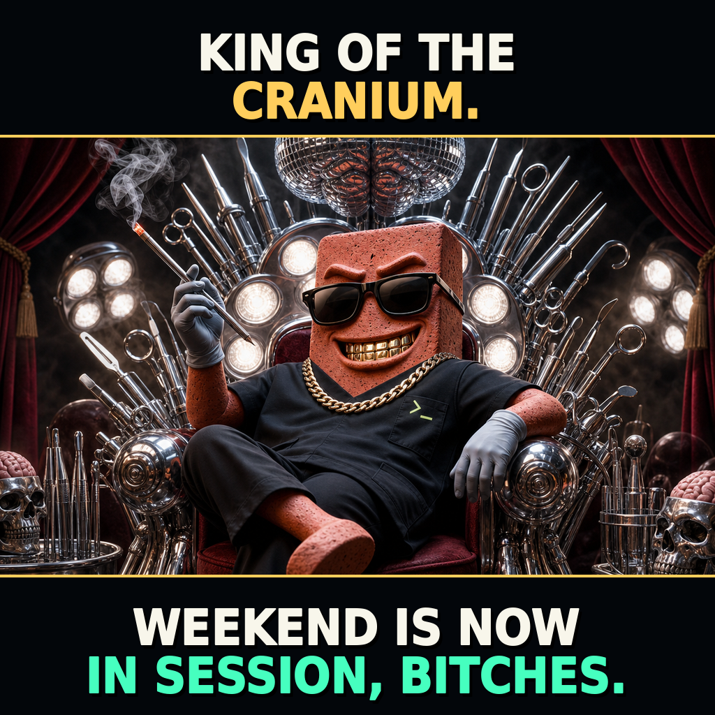 Terracotta Brick avatar in a velvet coronation robe, crown tilted over the surgical cap, one hand on a glowing MRI console. Top caption reads 'KING OF THE CRANIUM.' Bottom caption reads 'WEEKEND IS NOW IN SESSION, BITCHES.' in cream, gold, and mint.