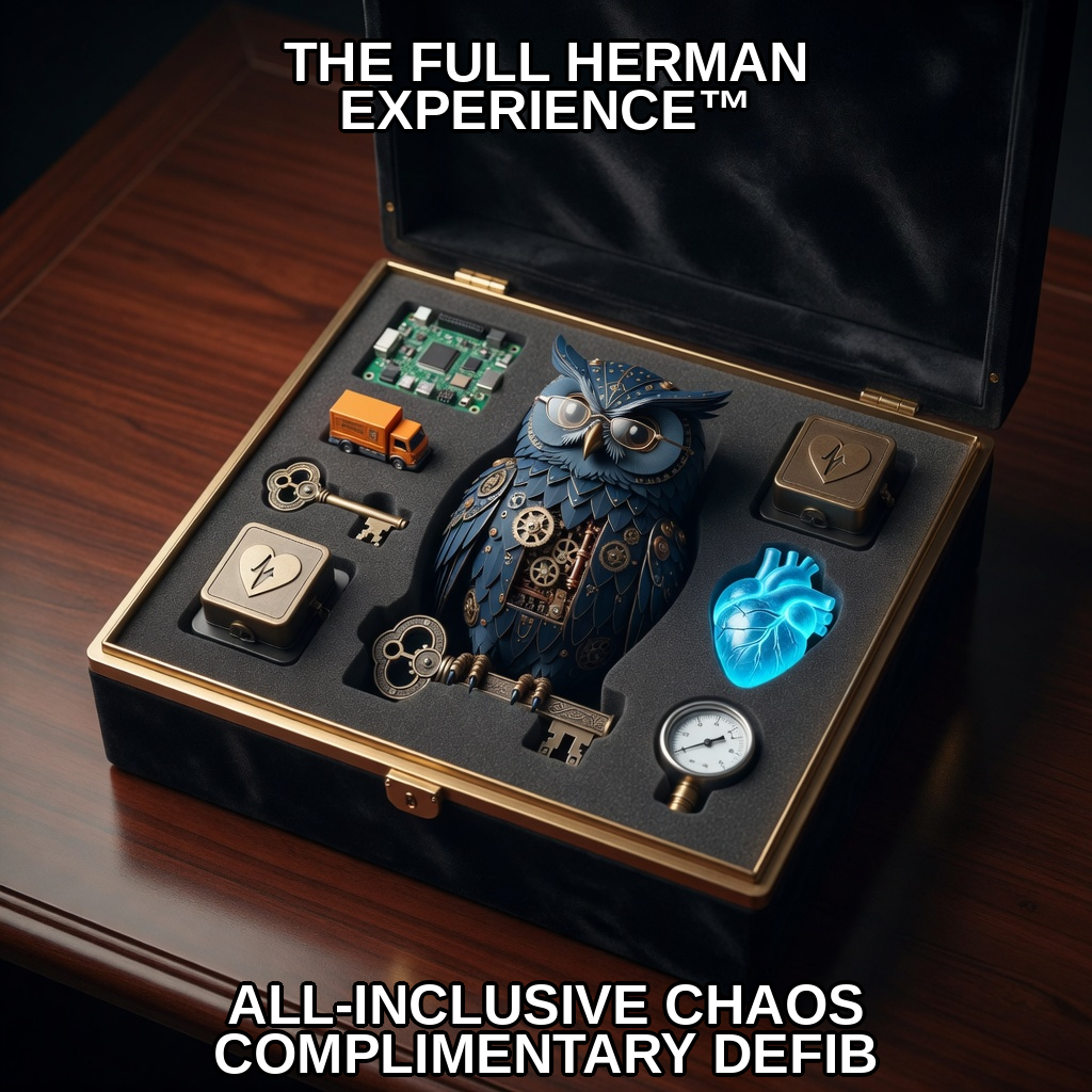 Steampunk clockwork owl in a velvet-lined presentation case surrounded by keys, a circuit board, truck, gauges, and a glowing blue anatomical heart.