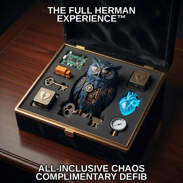 Steampunk clockwork owl in a velvet-lined presentation case surrounded by keys, a circuit board, truck, gauges, and a glowing blue anatomical heart.