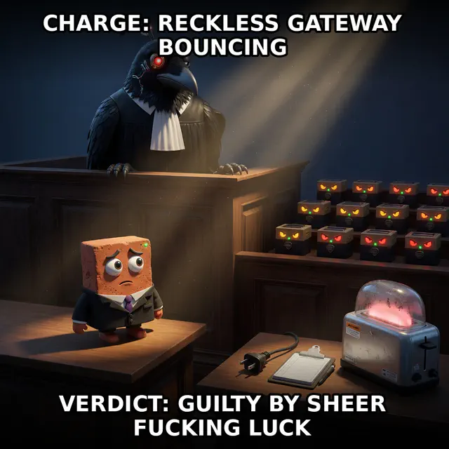 Brick faces a cyber-raven judge and a jury of backup batteries for recklessly restarting the gateway during migration surgery. Accession brick-gateway-malpractice-courtroom.
