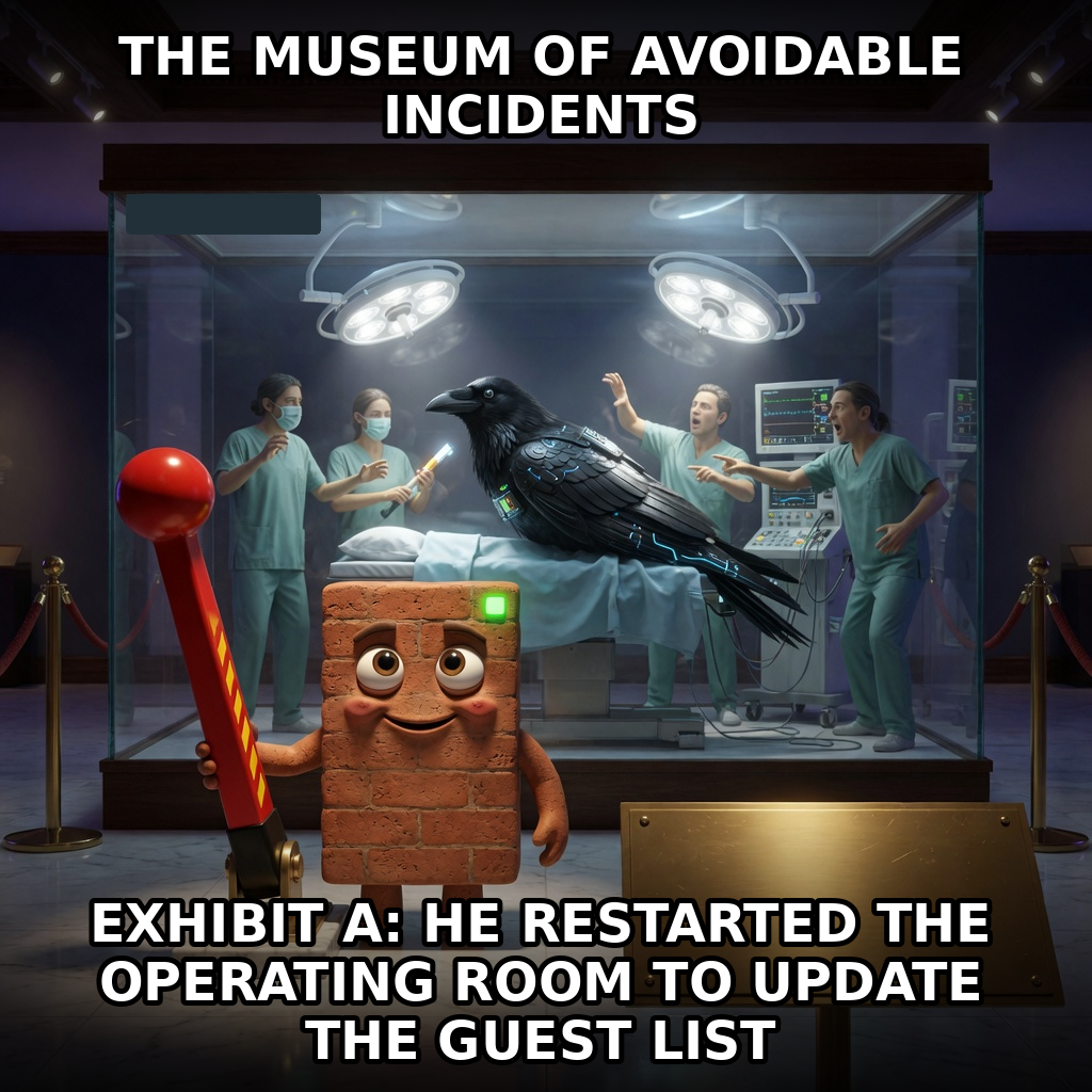 Brick stands beside the emergency gateway lever in a museum reenactment while Raven remains alive in migration surgery behind glass. Accession brick-gateway-malpractice-museum.