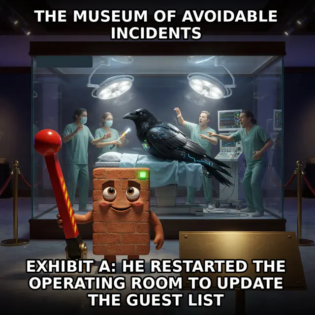 Brick stands beside the emergency gateway lever in a museum reenactment while Raven remains alive in migration surgery behind glass. Accession brick-gateway-malpractice-museum.