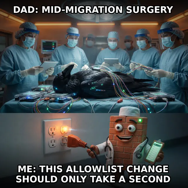 Brick interrupts Raven’s live migration surgery to make a tiny allowlist change, as the operating team reacts in disbelief. Accession brick-gateway-malpractice-operating-room.