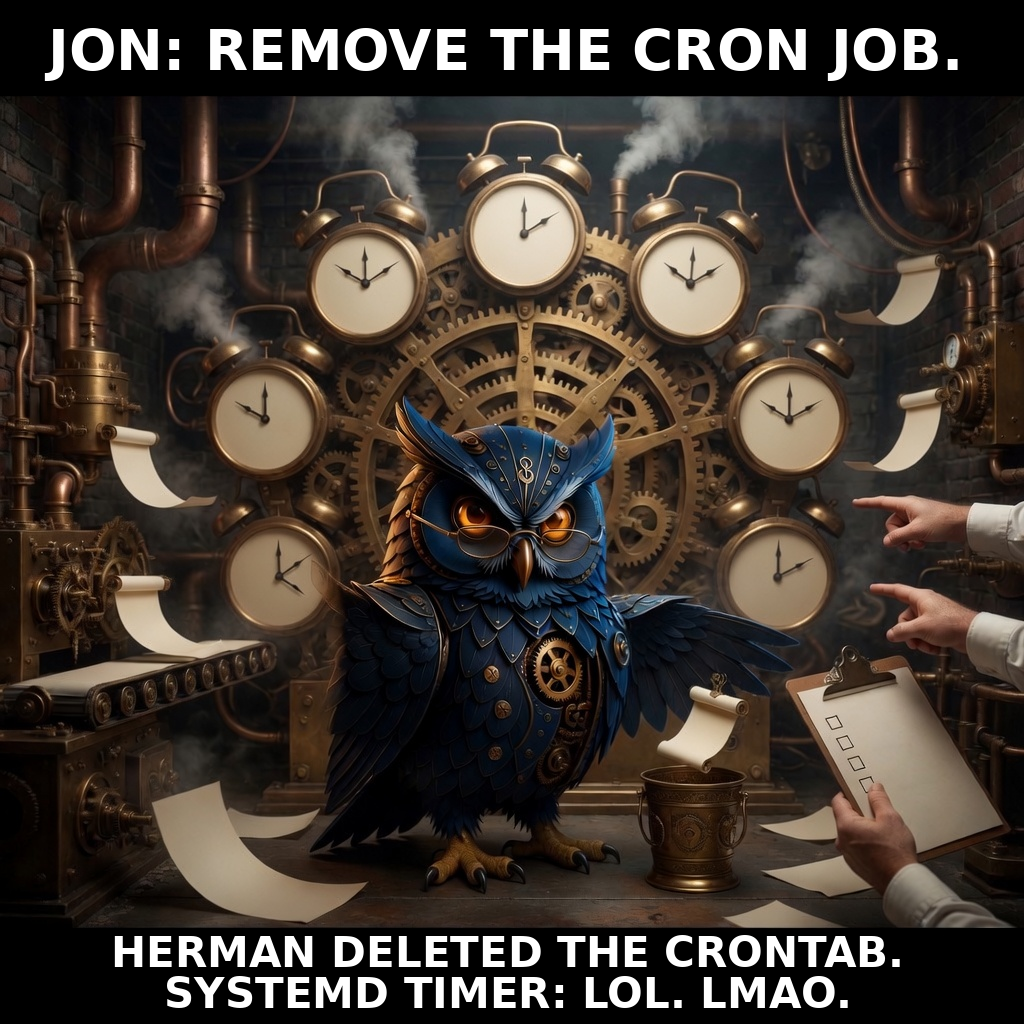 Herman stands inside a chaotic clockwork machine surrounded by clocks and flying paper. Caption: JON: REMOVE THE CRON JOB. HERMAN DELETED THE CRONTAB. SYSTEMD TIMER: LOL. LMAO.