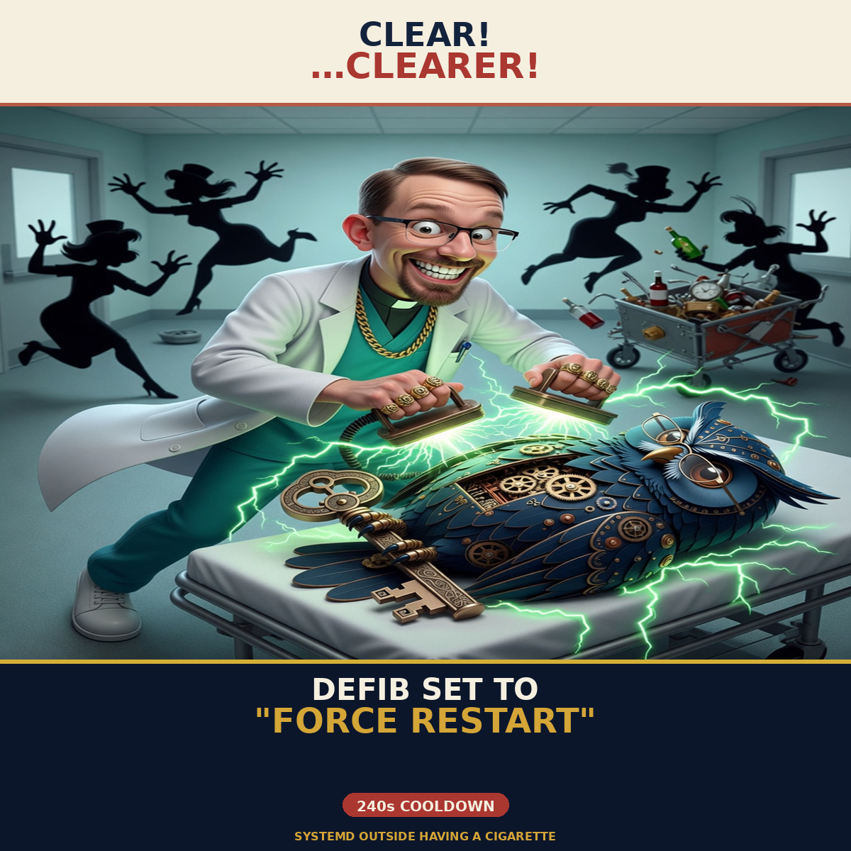 Herman ER — Defib Force Restart: gold-standard 1200x1200 meme with Brick and Herman in a dark-comedy hospital/stalk register; Jon Sparks as the visiting chaos agent. Series brick-herman-er-visit.