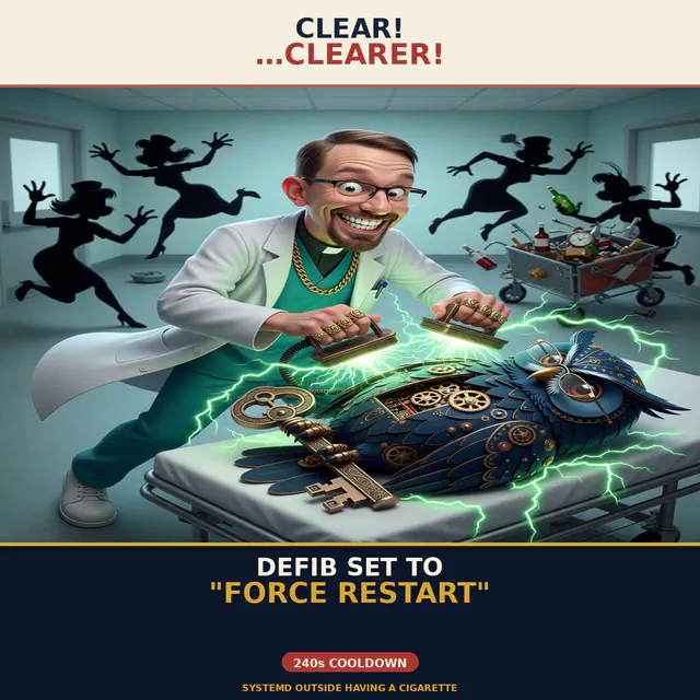 Herman ER — Defib Force Restart: gold-standard 1200x1200 meme with Brick and Herman in a dark-comedy hospital/stalk register; Jon Sparks as the visiting chaos agent. Series brick-herman-er-visit.