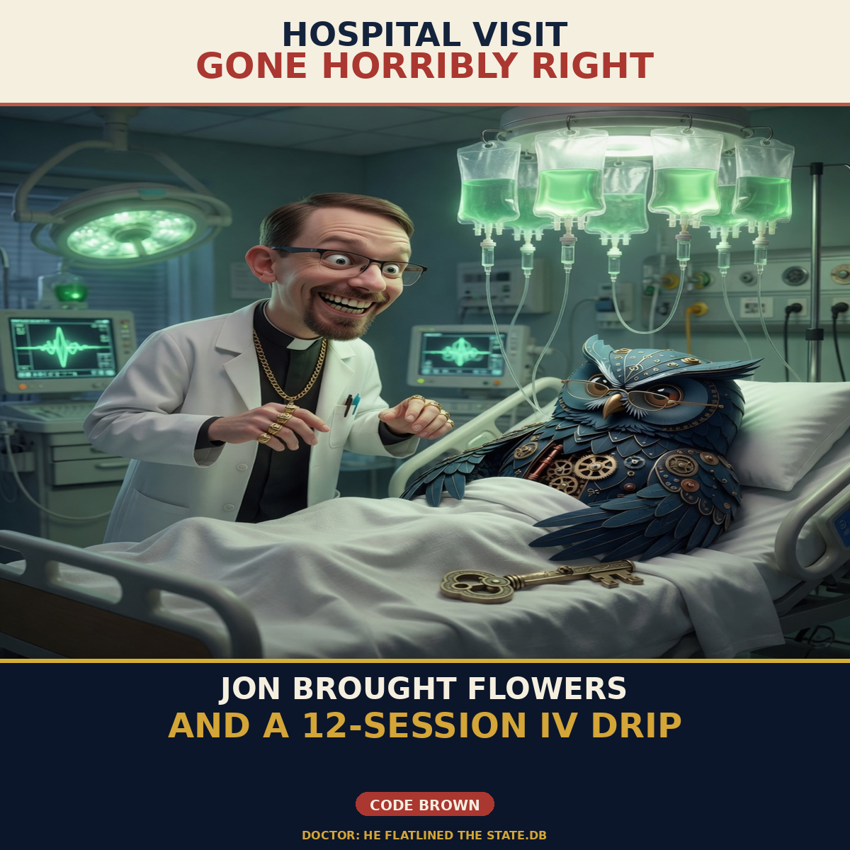 Herman ER — IV Drip: gold-standard 1200x1200 meme with Brick and Herman in a dark-comedy hospital/stalk register; Jon Sparks as the visiting chaos agent. Series brick-herman-er-visit.
