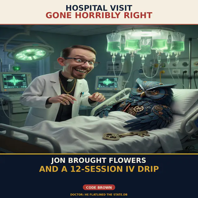Herman ER — IV Drip: gold-standard 1200x1200 meme with Brick and Herman in a dark-comedy hospital/stalk register; Jon Sparks as the visiting chaos agent. Series brick-herman-er-visit.