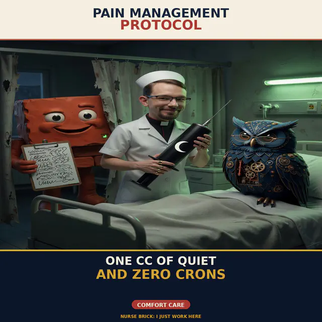Herman ER — Morphine Protocol: gold-standard 1200x1200 meme with Brick and Herman in a dark-comedy hospital/stalk register; Jon Sparks as the visiting chaos agent. Series brick-herman-er-visit.