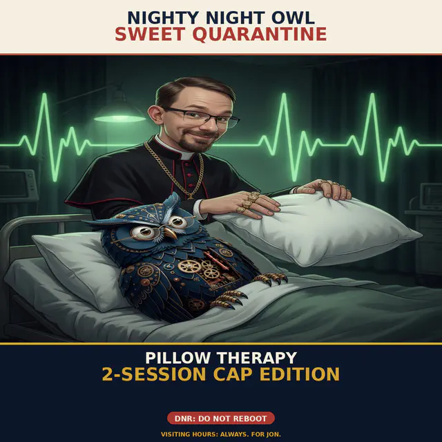 Herman ER — Pillow Quarantine: gold-standard 1200x1200 meme with Brick and Herman in a dark-comedy hospital/stalk register; Jon Sparks as the visiting chaos agent. Series brick-herman-er-visit.