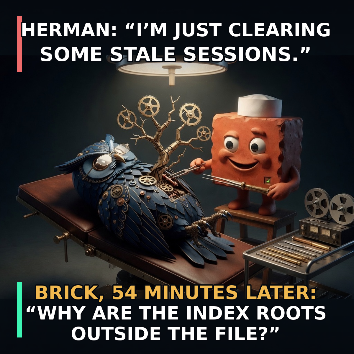 Nurse Brick performs emergency surgery on steampunk Herman owl as brass gear-tree index roots erupt from his open chest on an OR table.
